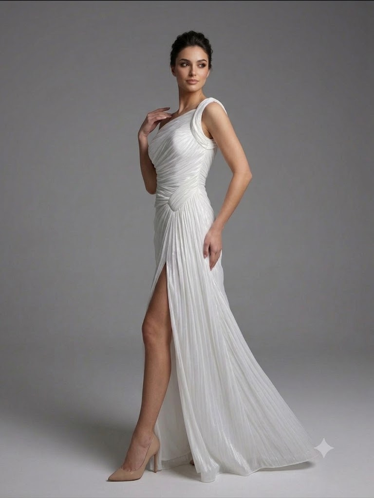 FOR COSTUME Tek Omuz Drape Detaylı Yırtmaçlı Abiye  9558
