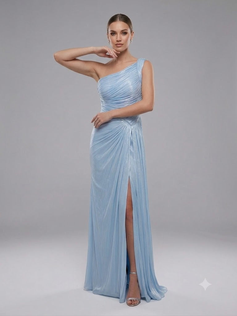 FOR COSTUME Tek Omuz Drape Detaylı Yırtmaçlı Abiye  9558