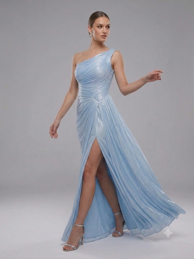 FOR COSTUME Tek Omuz Drape Detaylı Yırtmaçlı Abiye  9558