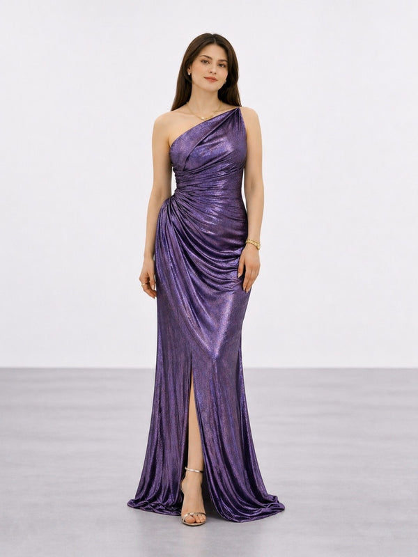FOR COSTUME Bronz Metalik Görünümlü Tek Omuz Drapeli Abiye 10370