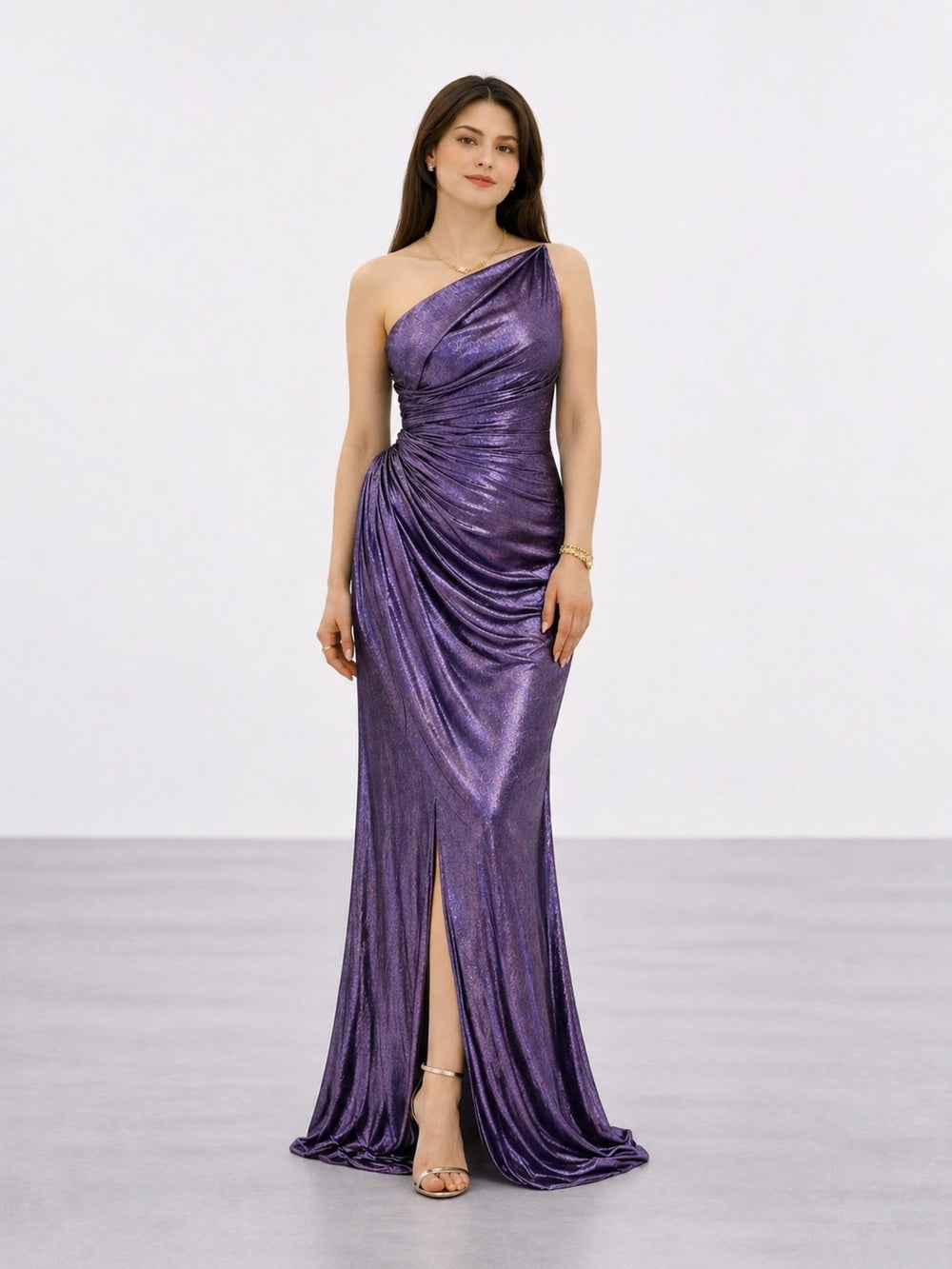 FOR COSTUME Bronz Metalik Görünümlü Tek Omuz Drapeli Abiye 10370