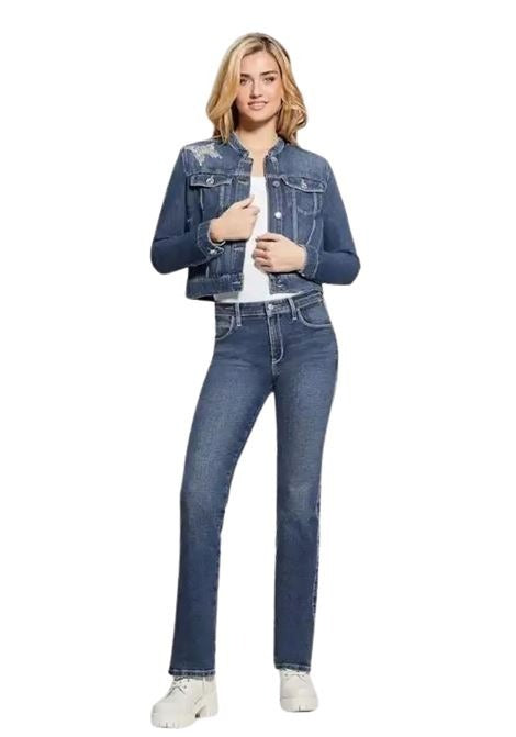 GUESS Taş İşlemeli Hakim Yaka Crop Kot Ceket W4RN54D4VIG
