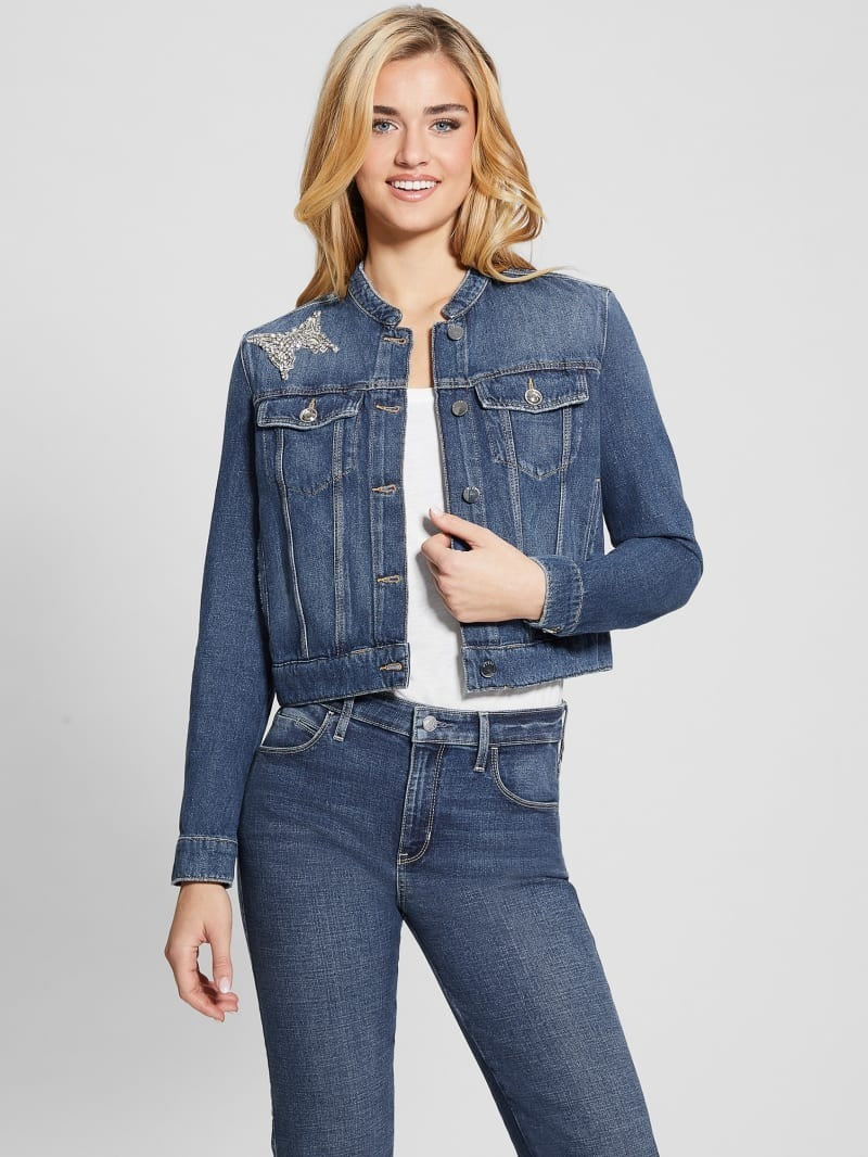GUESS Taş İşlemeli Hakim Yaka Crop Kot Ceket W4RN54D4VIG