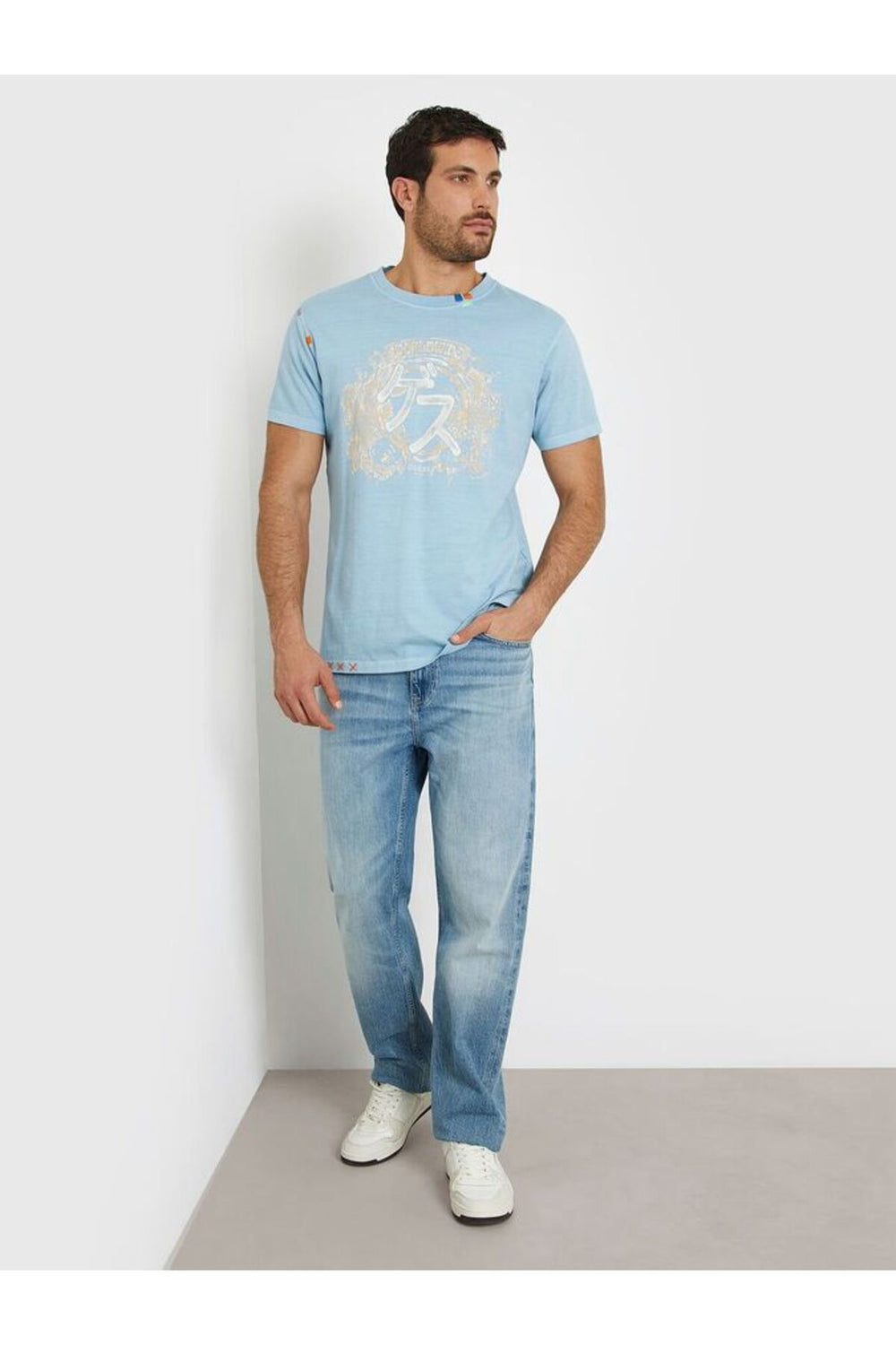 GUESS Erkek Açık Mavi Baskılı Bisiklet Yaka Pamuklu Kısa Kollu T-Shirt M4GI22K8FQ4