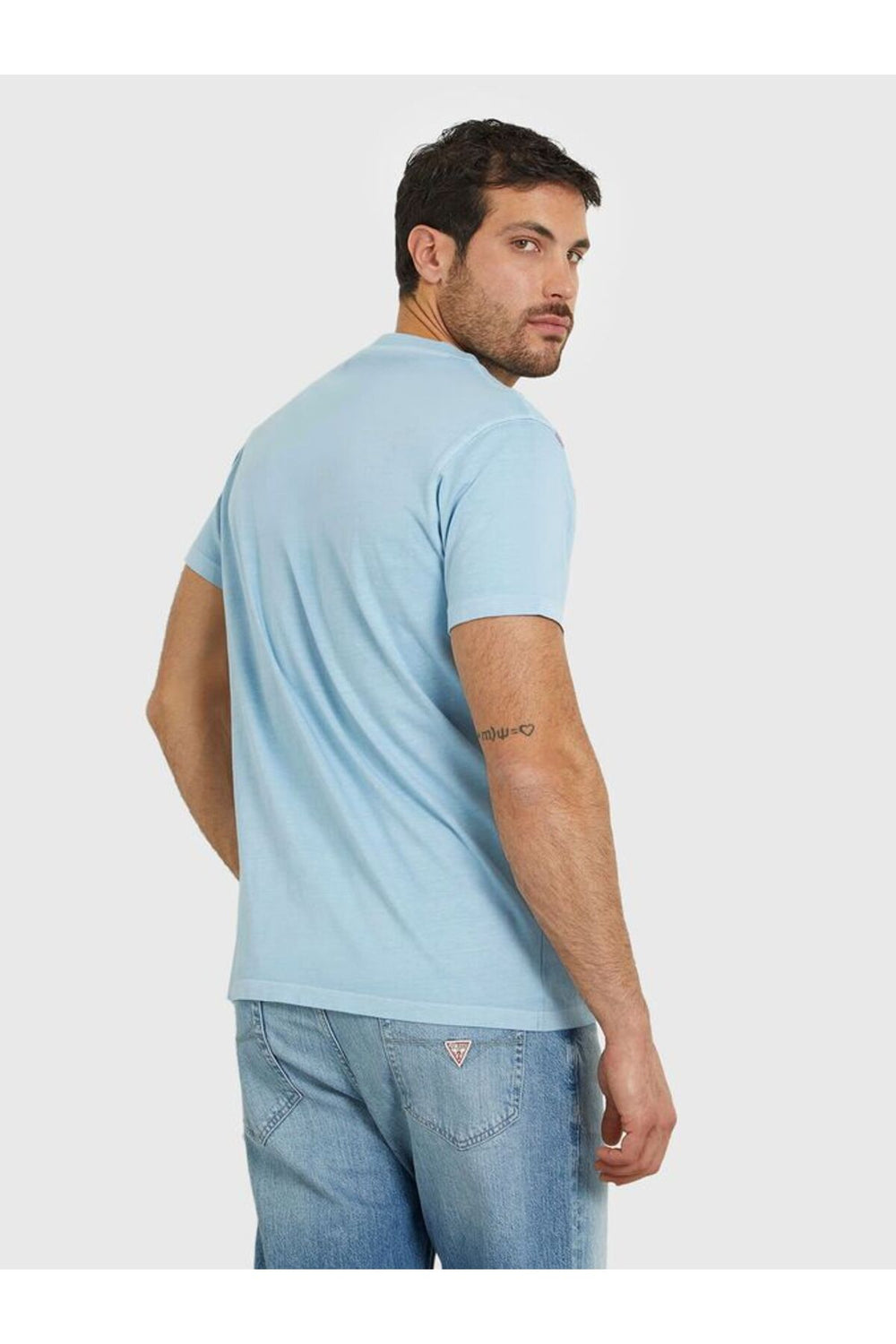 GUESS Erkek Açık Mavi Baskılı Bisiklet Yaka Pamuklu Kısa Kollu T-Shirt M4GI22K8FQ4