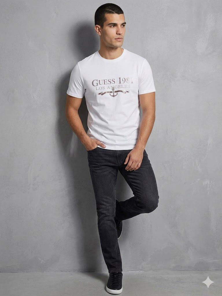 GUESS Erkek Bisiklet Yaka Yazı Baskılı Kısa Kollu Tişört M4GI27J1314