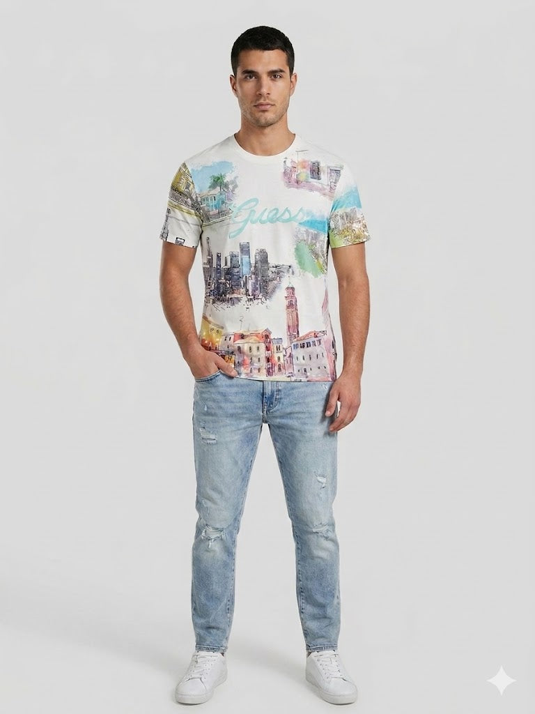 GUESS Desenli Riviera Bisiklet Yaka T-Shirt M4GI54K9RM1