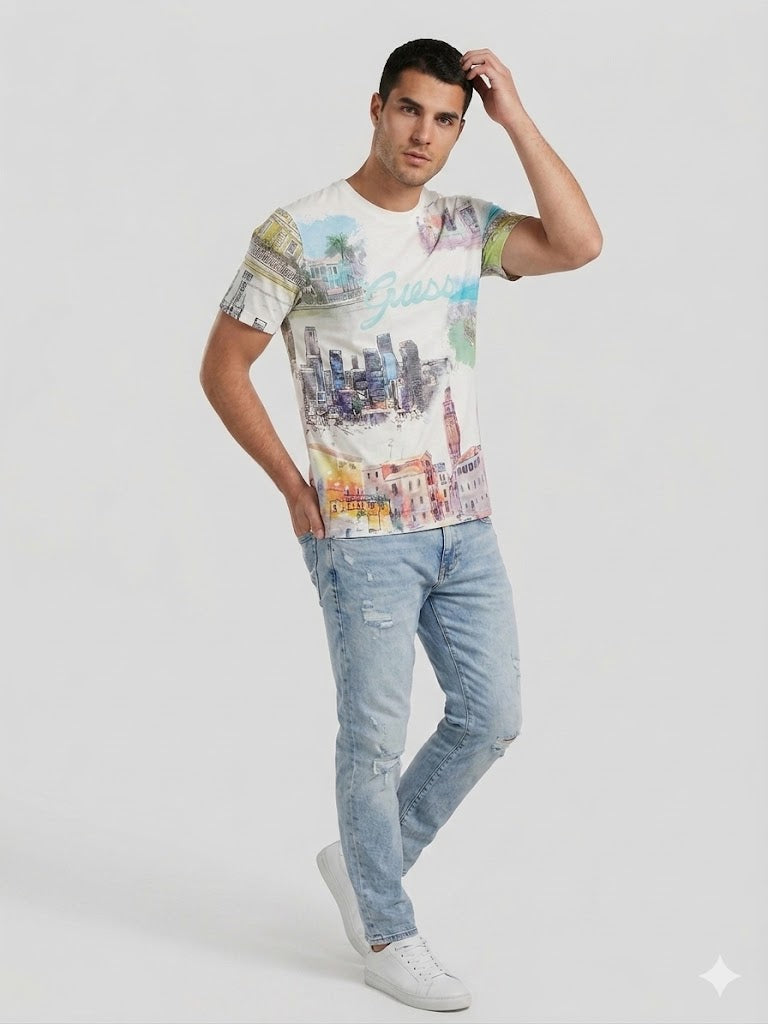 GUESS Desenli Riviera Bisiklet Yaka T-Shirt M4GI54K9RM1