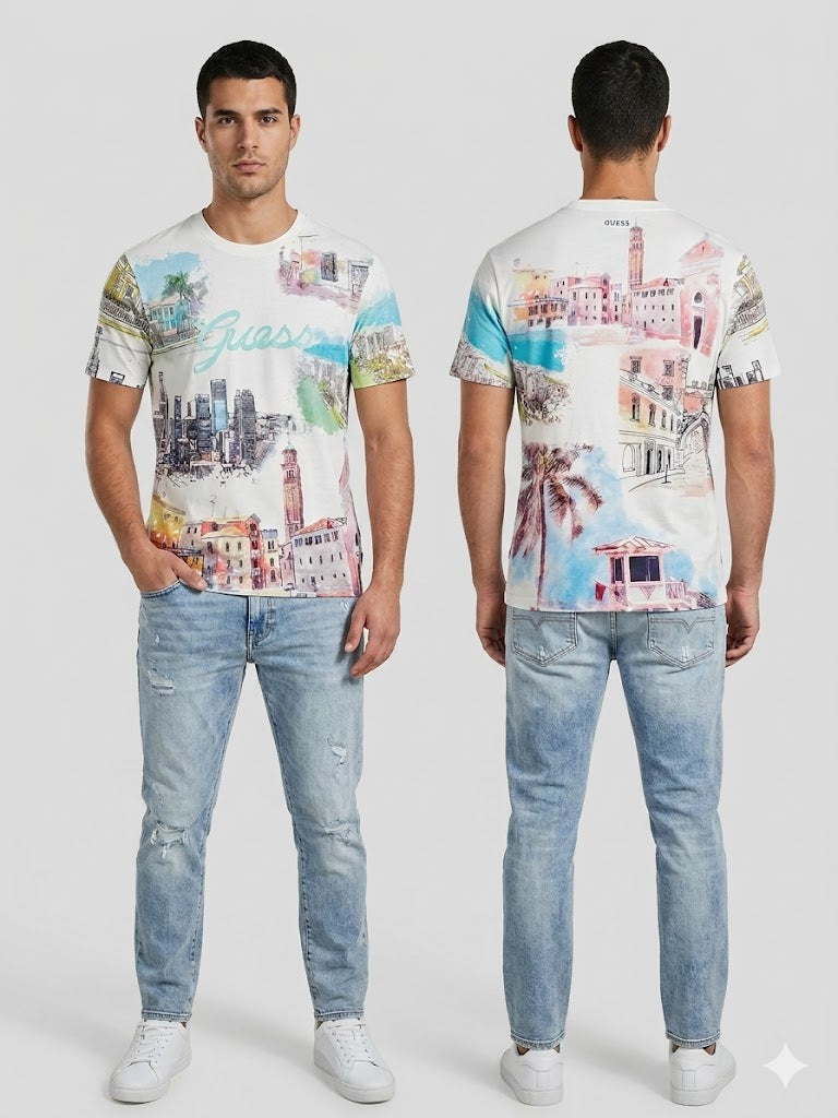 GUESS Desenli Riviera Bisiklet Yaka T-Shirt M4GI54K9RM1