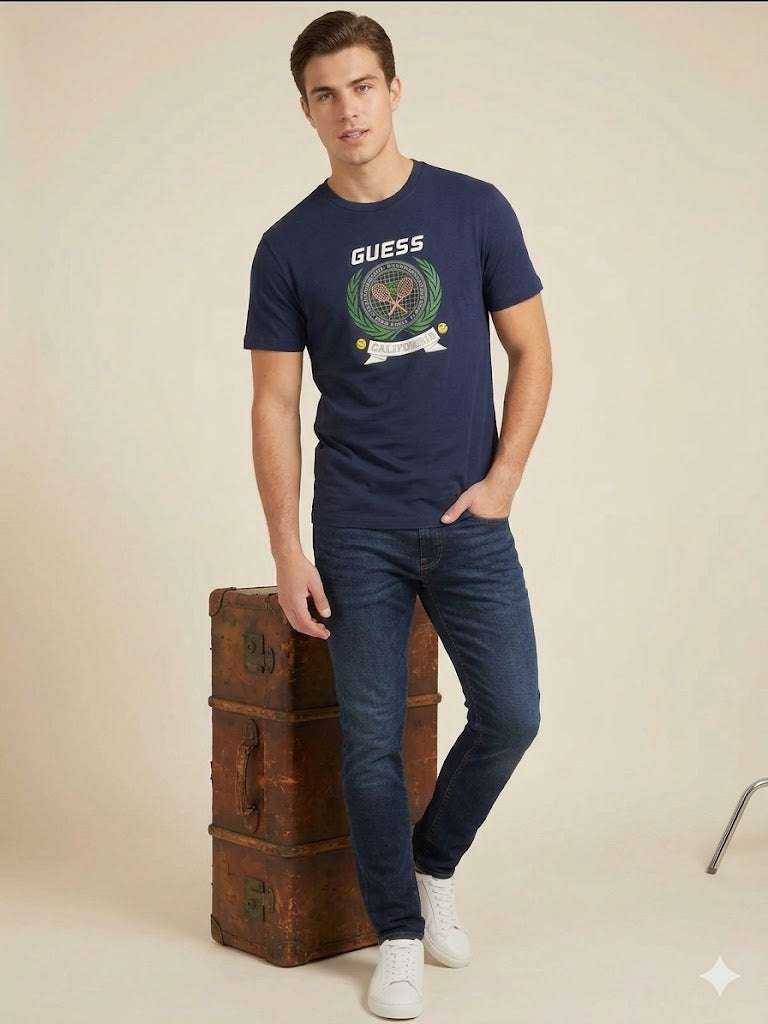GUESS Erkek Bisiklet Yaka Logolu Tenis Baskılı Slim Fit T-Shirt Z6GI16K3206