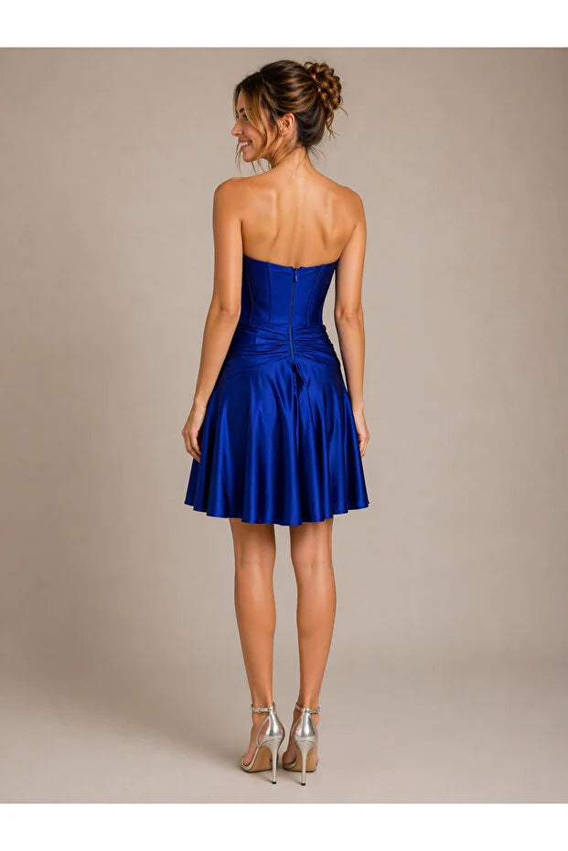 HOT CONTACT Straplez Kruvaze Detaylı Korseli Saten Mini Abiye Elbise 8424