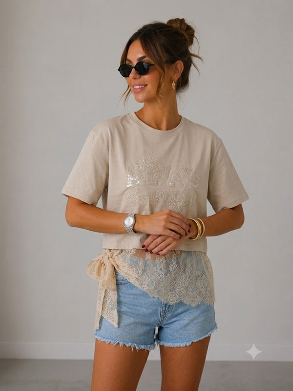IT'S BASIC Dantel Detaylı Crop Tişört 2161