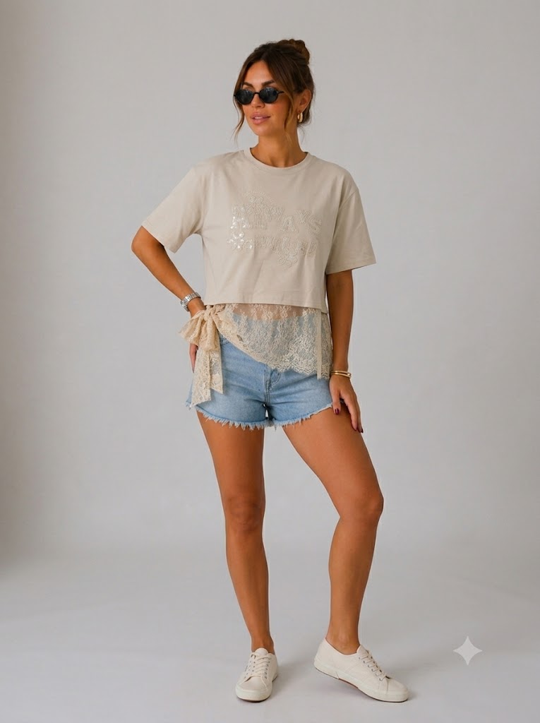 IT'S BASIC Dantel Detaylı Crop Tişört 2161