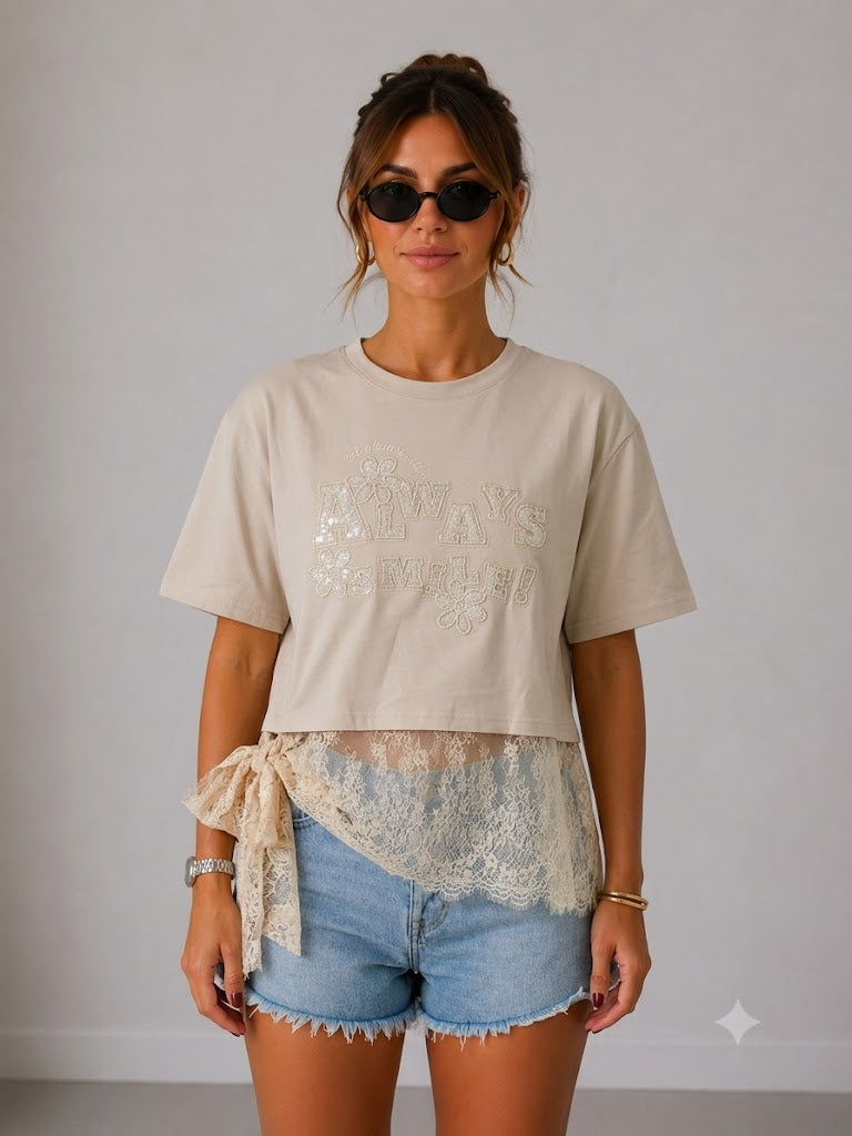 IT'S BASIC Dantel Detaylı Crop Tişört 2161