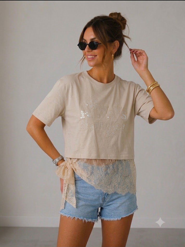 IT'S BASIC Dantel Detaylı Crop Tişört 2161