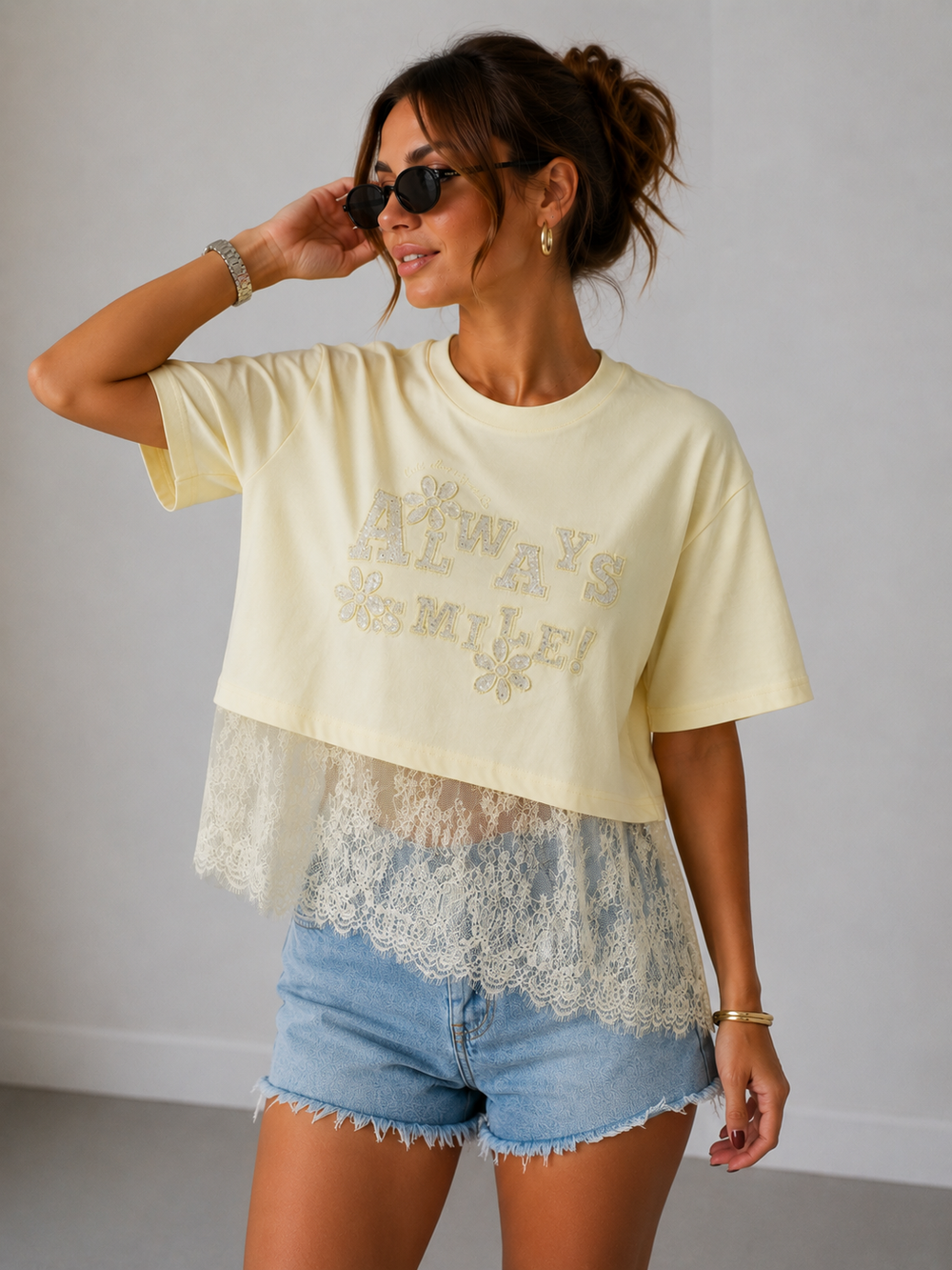 IT'S BASIC Dantel Detaylı Crop Tişört 2161