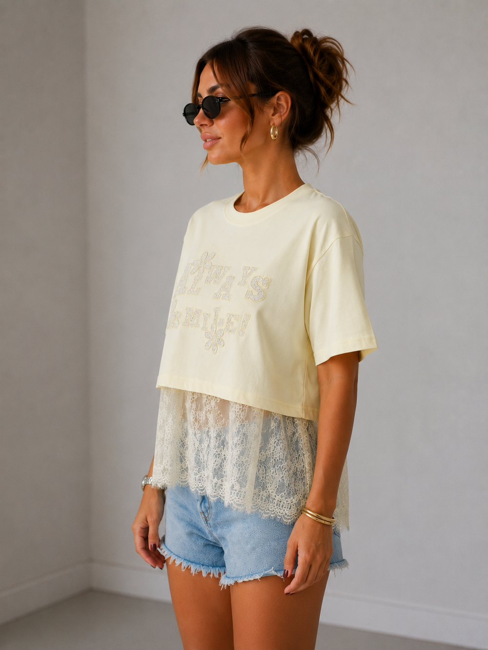 IT'S BASIC Dantel Detaylı Crop Tişört 2161