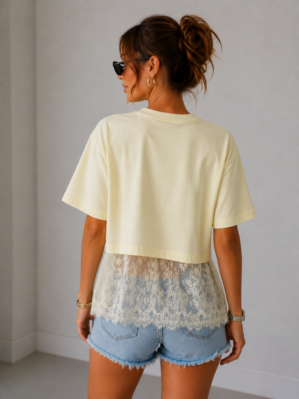 IT'S BASIC Dantel Detaylı Crop Tişört 2161