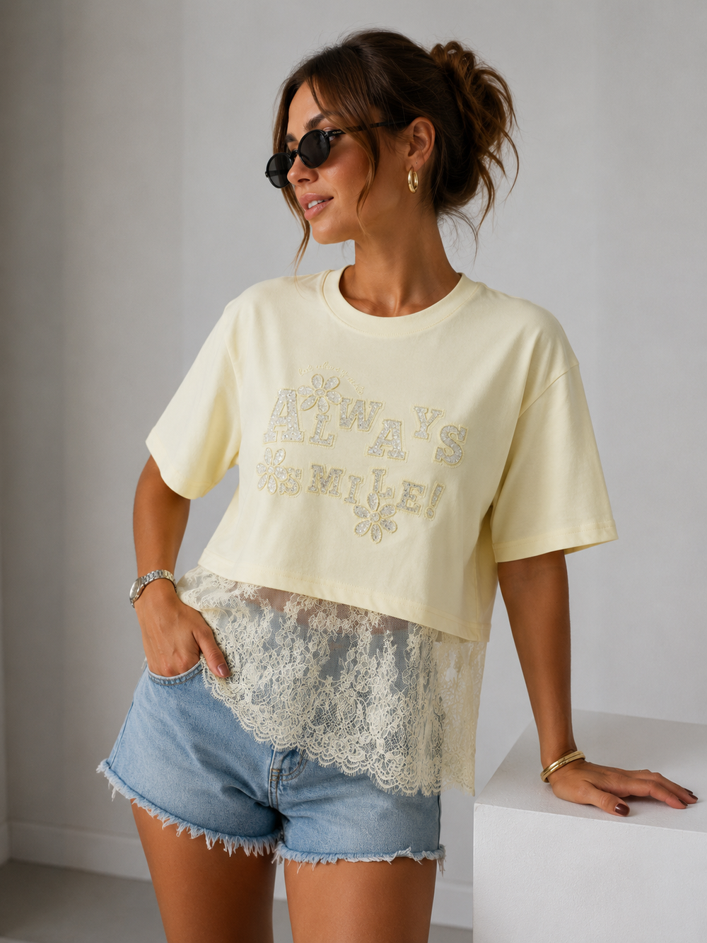IT'S BASIC Dantel Detaylı Crop Tişört 2161