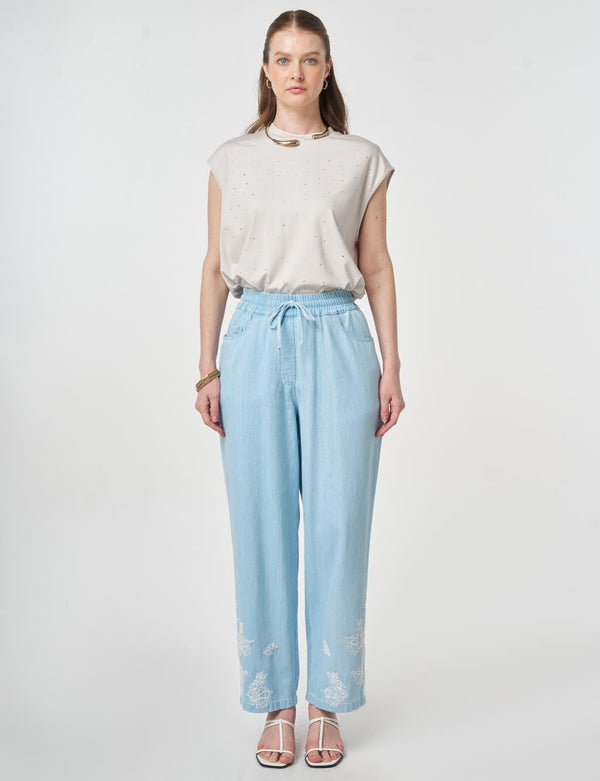 KAYRA Yıkamalı Paçası Nakış İşlemeli Denim Pantolon 79023