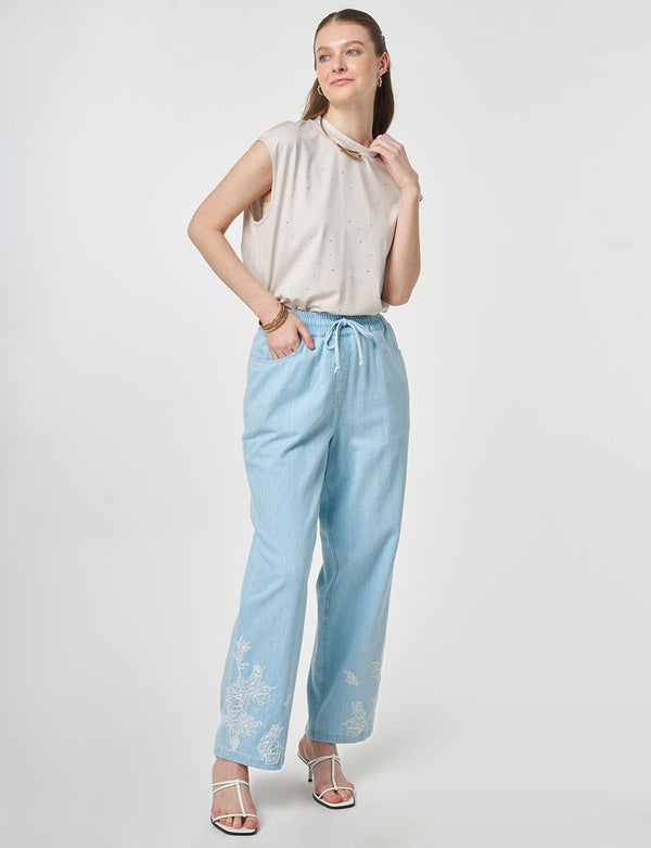 KAYRA Yıkamalı Paçası Nakış İşlemeli Denim Pantolon 79023