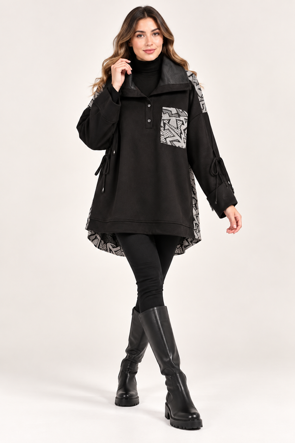KAYRA Kadın Siyah Geometrik Desenli Oversize Tunik 70024