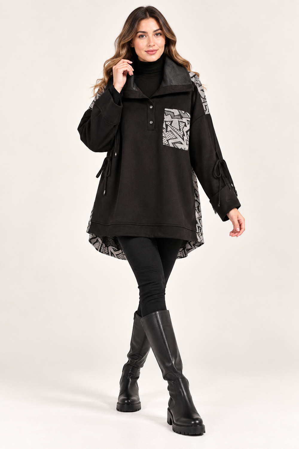 KAYRA Kadın Siyah Geometrik Desenli Oversize Tunik 70024
