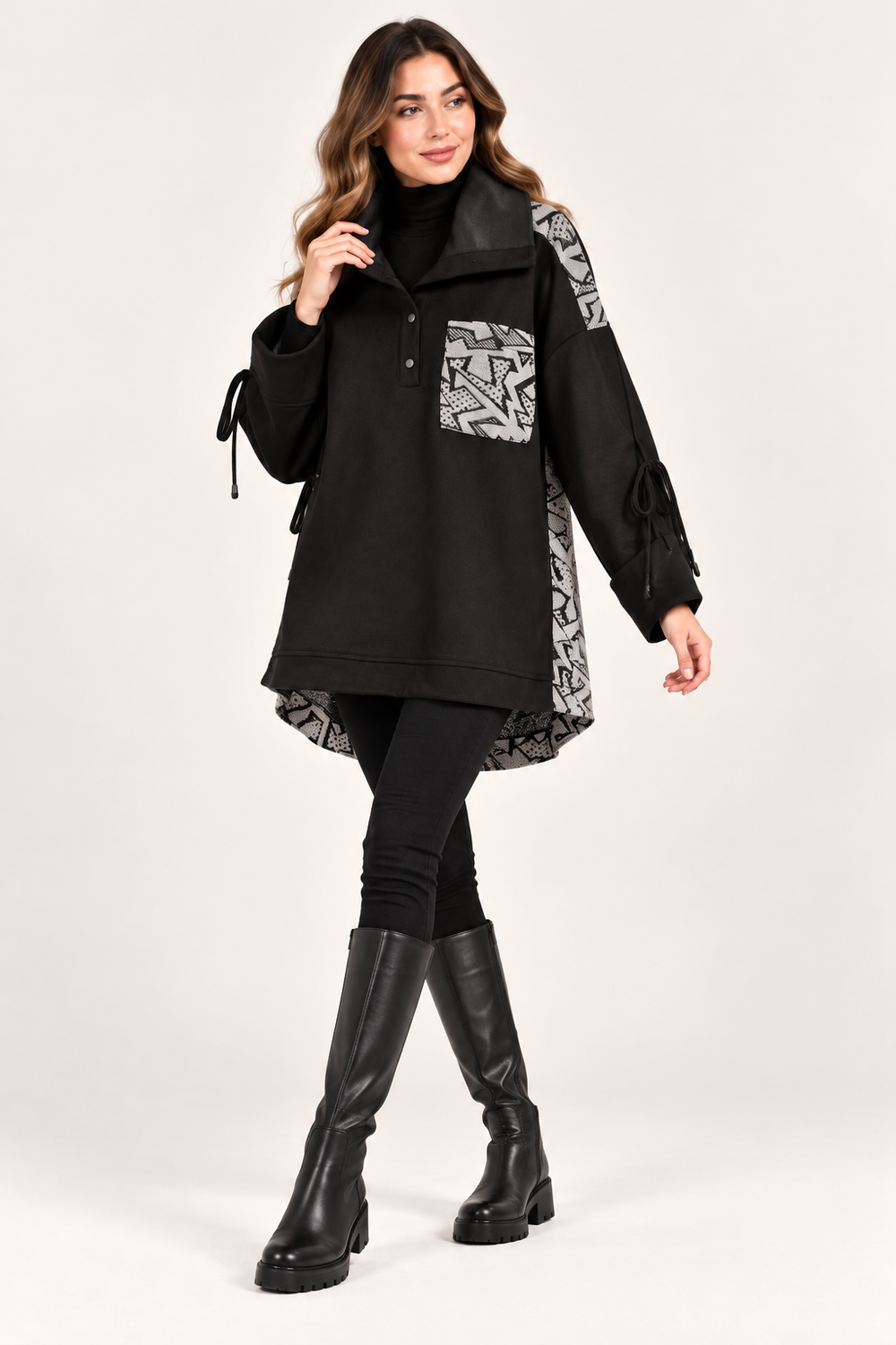 KAYRA Kadın Siyah Geometrik Desenli Oversize Tunik 70024
