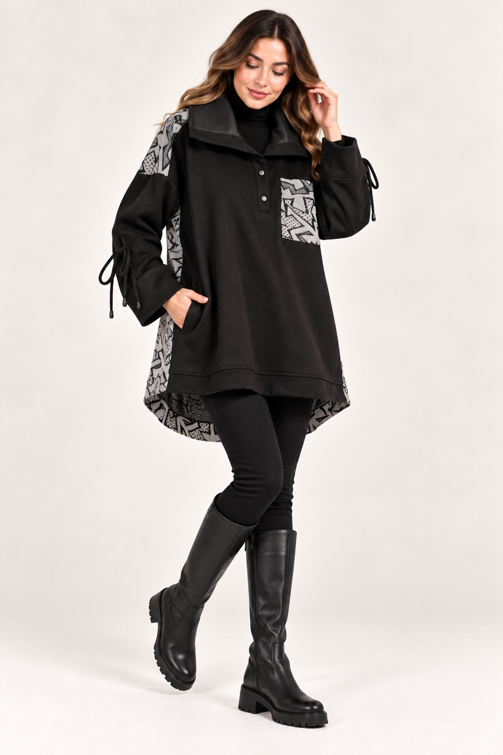 KAYRA Kadın Siyah Geometrik Desenli Oversize Tunik 70024