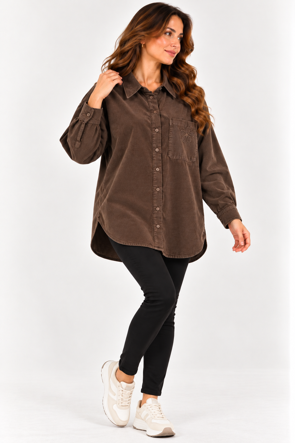 KAYRA  Bej Çiçek Nakış Detaylı Oversize Gömlek 11028