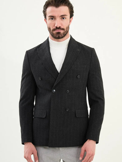 CENTİLMEN Çizgili Slim Fit Geniş Yaka Kruvaze Yün Erkek Ceket 41476