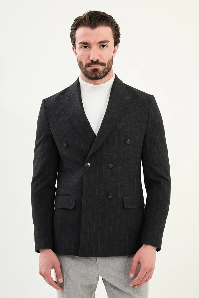 CENTİLMEN Çizgili Slim Fit Geniş Yaka Kruvaze Yün Erkek Ceket 41476