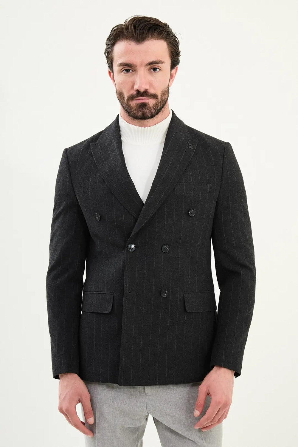 CENTİLMEN Çizgili Slim Fit Geniş Yaka Kruvaze Yün Erkek Ceket 41476