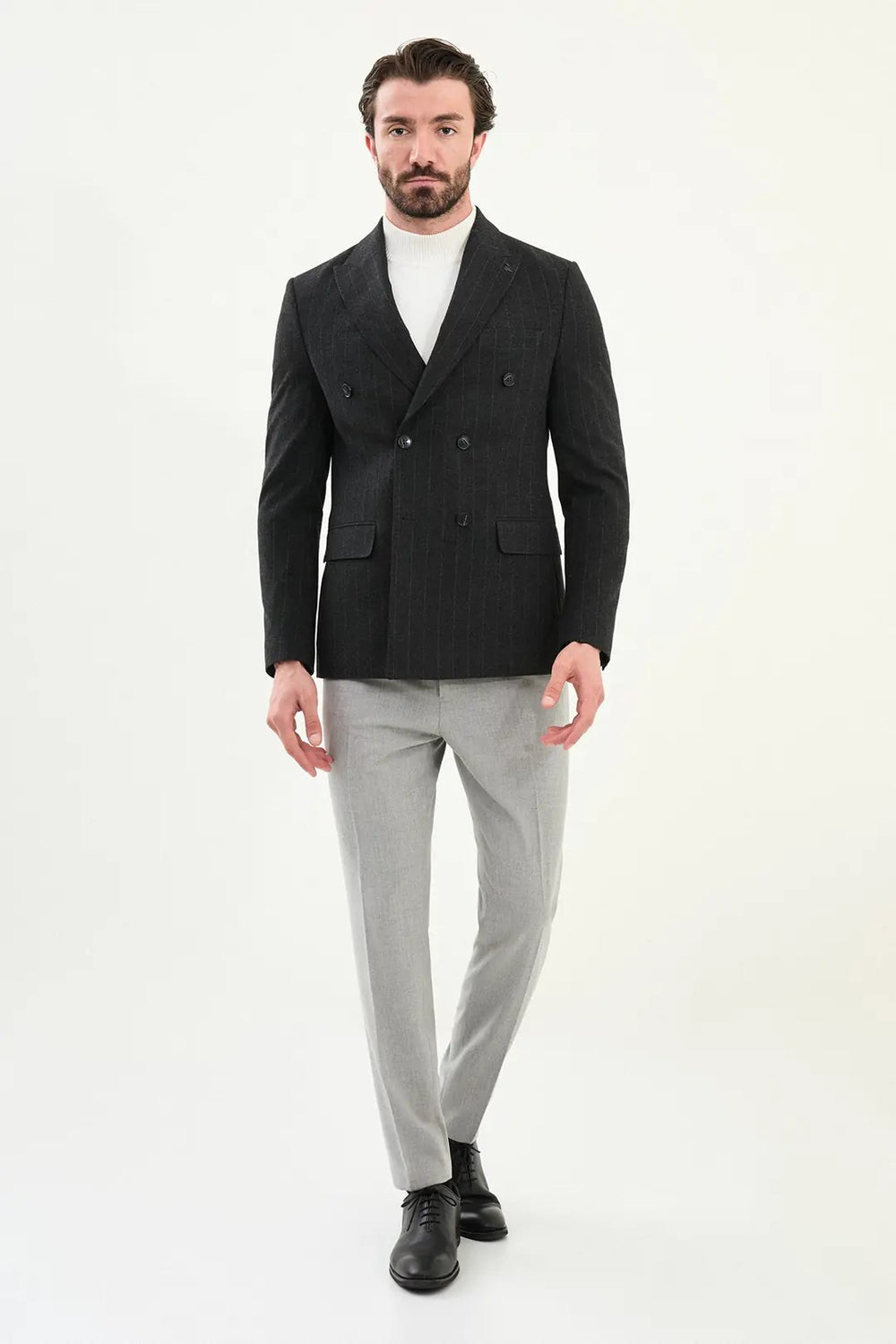 CENTİLMEN Çizgili Slim Fit Geniş Yaka Kruvaze Yün Erkek Ceket 41476