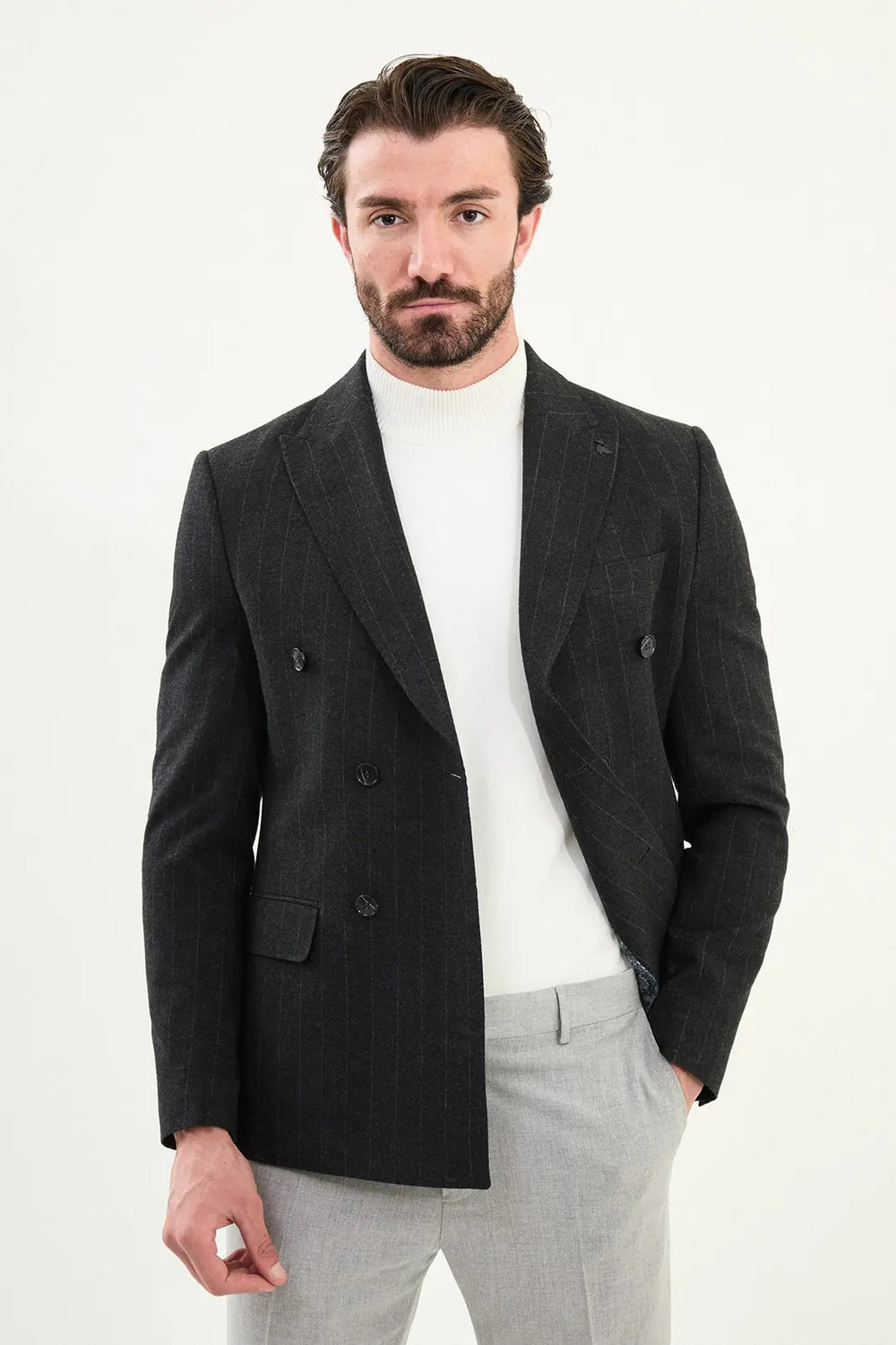 CENTİLMEN Çizgili Slim Fit Geniş Yaka Kruvaze Yün Erkek Ceket 41476