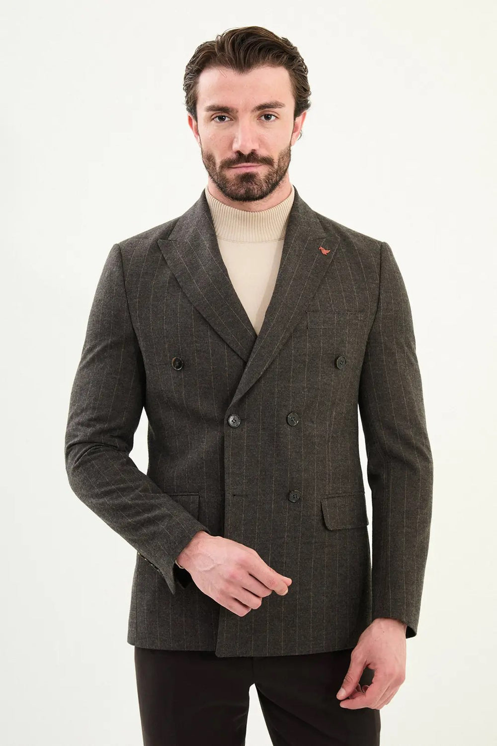 CENTİLMEN Çizgili Slim Fit Geniş Yaka Kruvaze Yün Erkek Ceket 41476