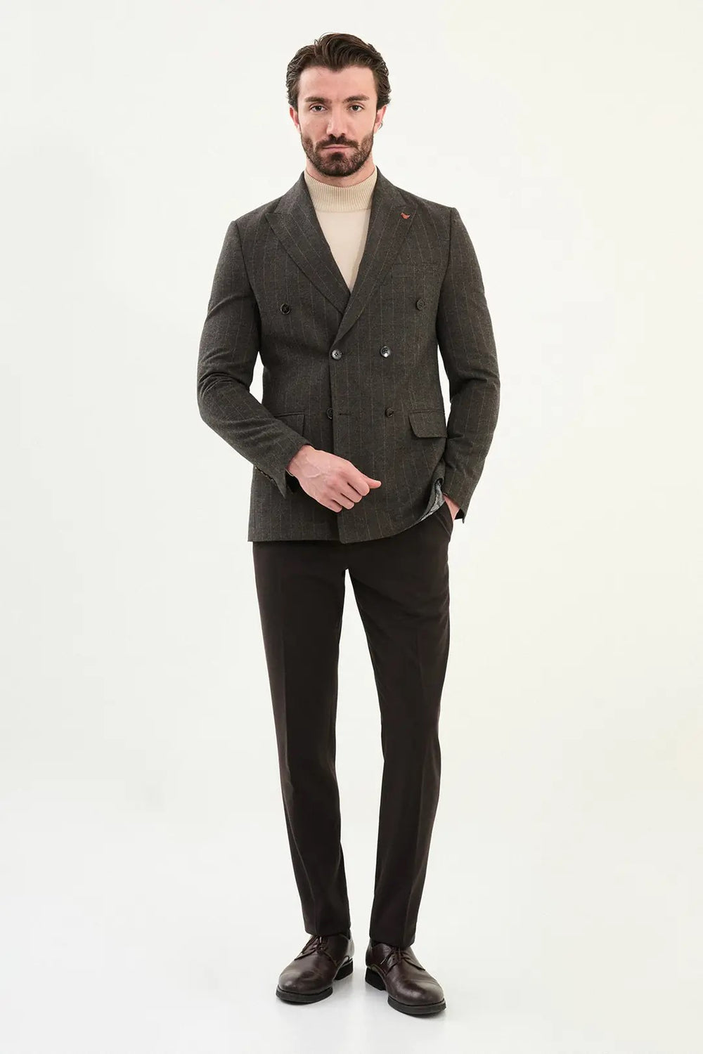 CENTİLMEN Çizgili Slim Fit Geniş Yaka Kruvaze Yün Erkek Ceket 41476