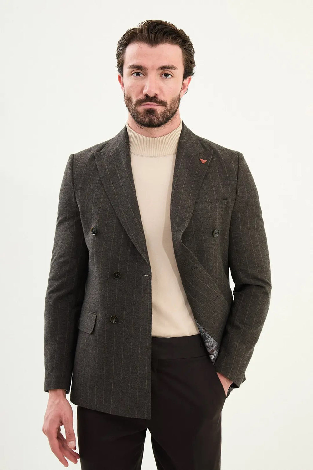 CENTİLMEN Çizgili Slim Fit Geniş Yaka Kruvaze Yün Erkek Ceket 41476
