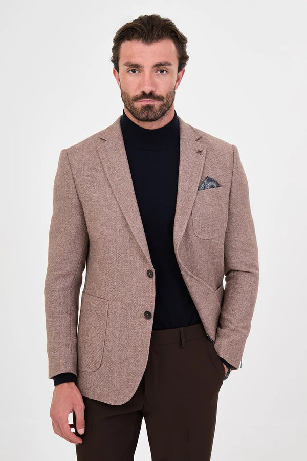 CENTİLMEN Dokulu Slim Fit Mono Yaka Torba Cep Premium Yün Karışımlı Erkek Ceket 44326
