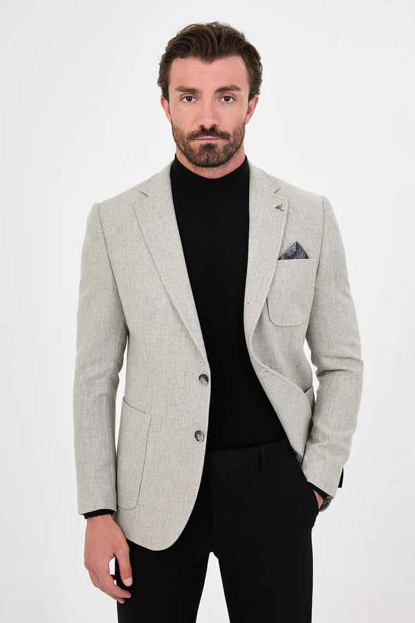 CENTİLMEN Dokulu Slim Fit Mono Yaka Torba Cep Premium Yün Karışımlı Erkek Ceket 44326