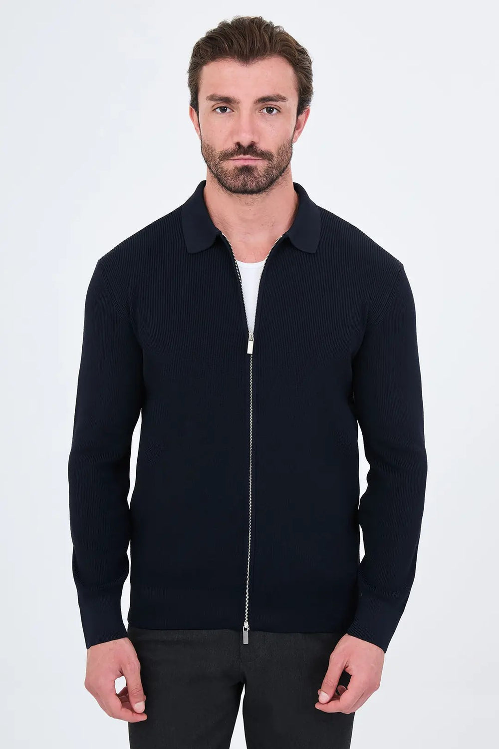 CENTİLMEN Düz Slim Fit Gömlek Yaka Fermuarlı Pamuk Erkek Triko Hırka 11252
