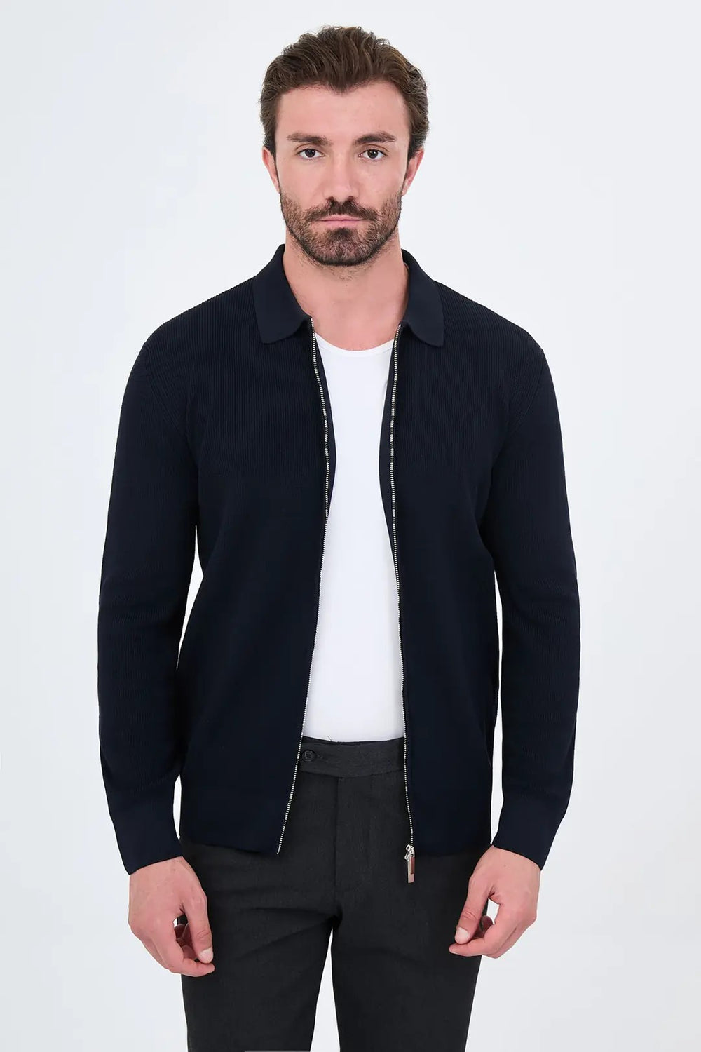 CENTİLMEN Düz Slim Fit Gömlek Yaka Fermuarlı Pamuk Erkek Triko Hırka 11252