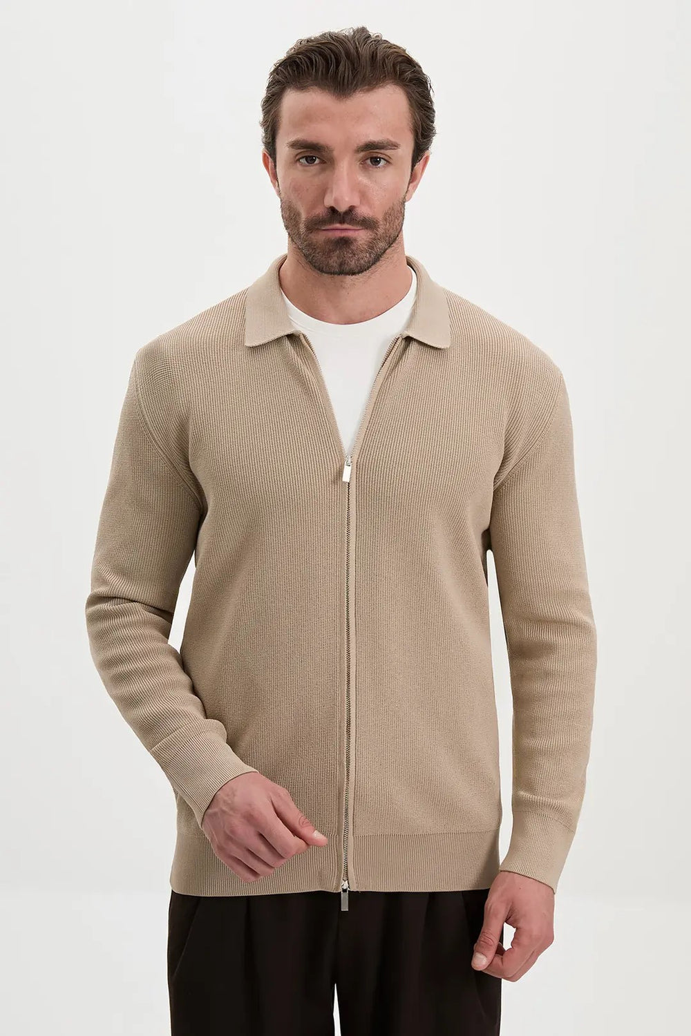 CENTİLMEN Düz Slim Fit Gömlek Yaka Fermuarlı Pamuk Erkek Triko Hırka 11252