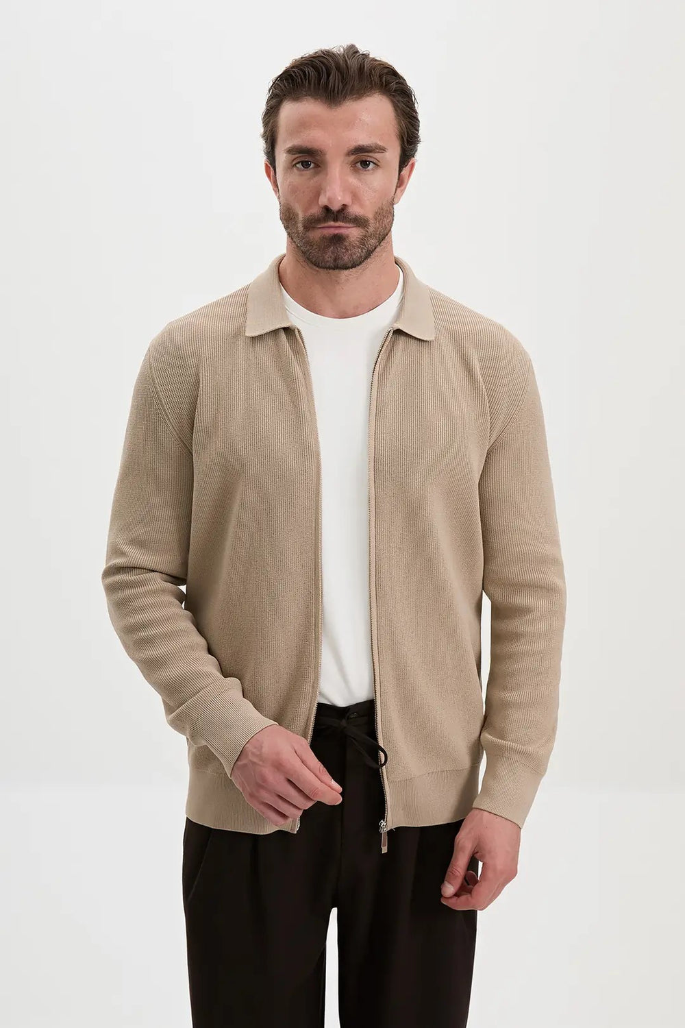 CENTİLMEN Düz Slim Fit Gömlek Yaka Fermuarlı Pamuk Erkek Triko Hırka 11252