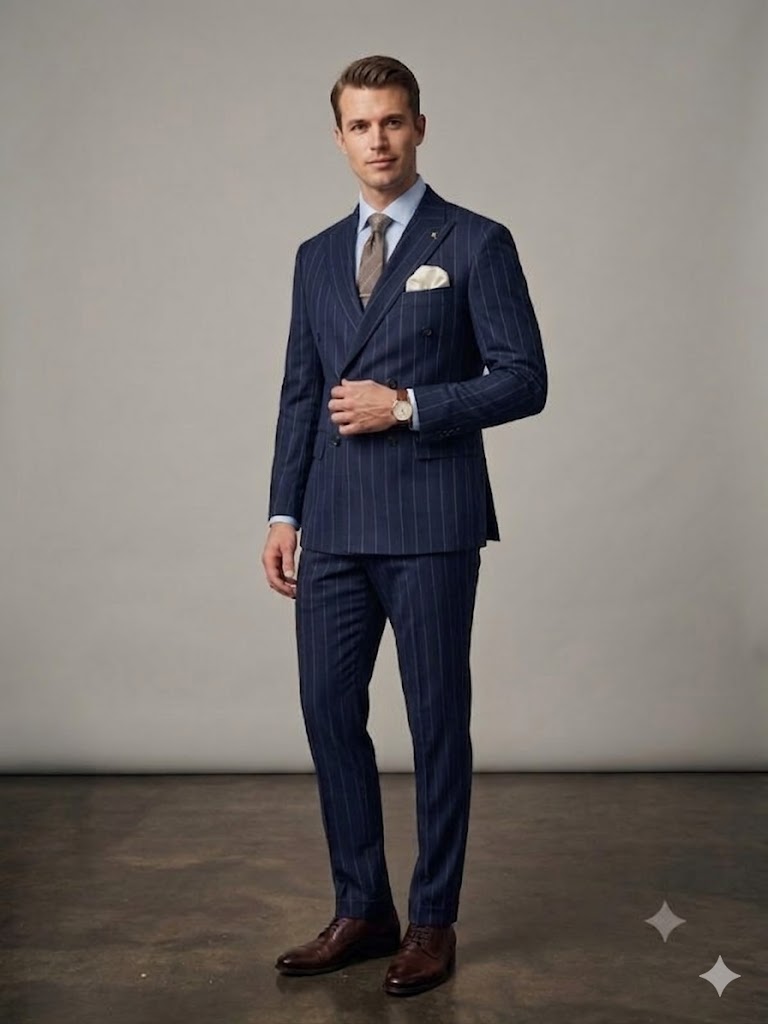 MCR Erkek Slim Fit Çizgili Kruvaze Takım Elbise 45426