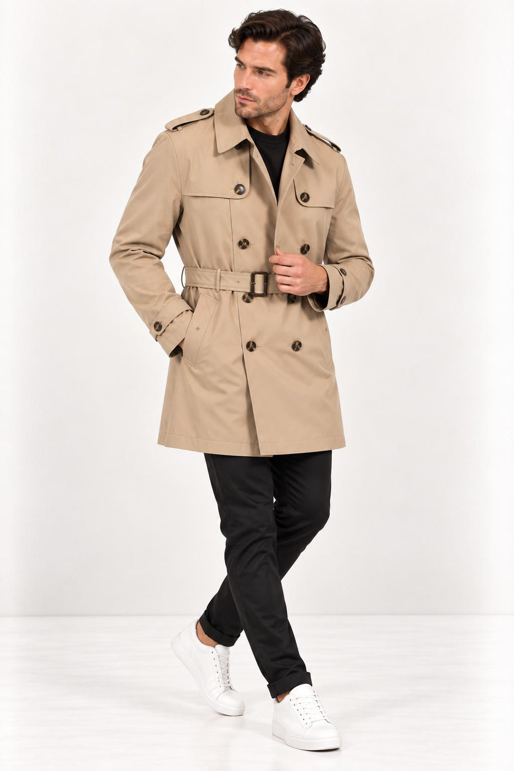 CENTİLMEN Slim Fit Kemerli Kruvaze Trençkot 21300