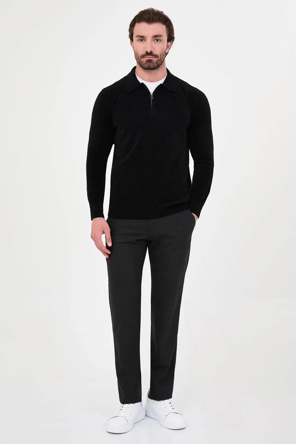 CENTİLMEN Düz Slim Fit Polo Yaka Fermuarlı Şönil Erkek Triko Kazak 11603