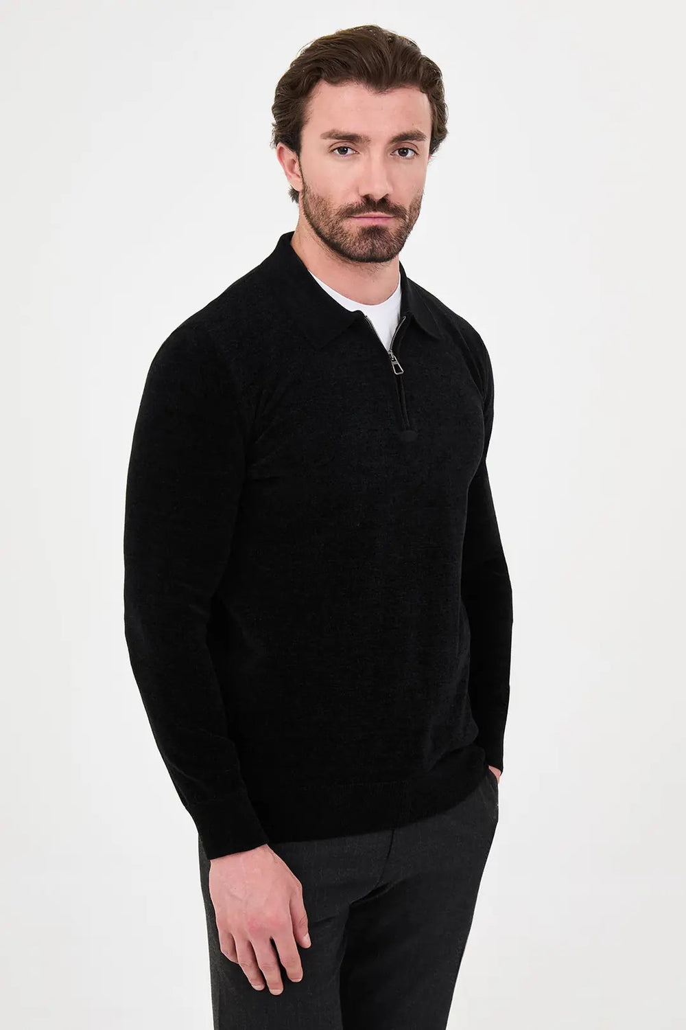 CENTİLMEN Düz Slim Fit Polo Yaka Fermuarlı Şönil Erkek Triko Kazak 11603