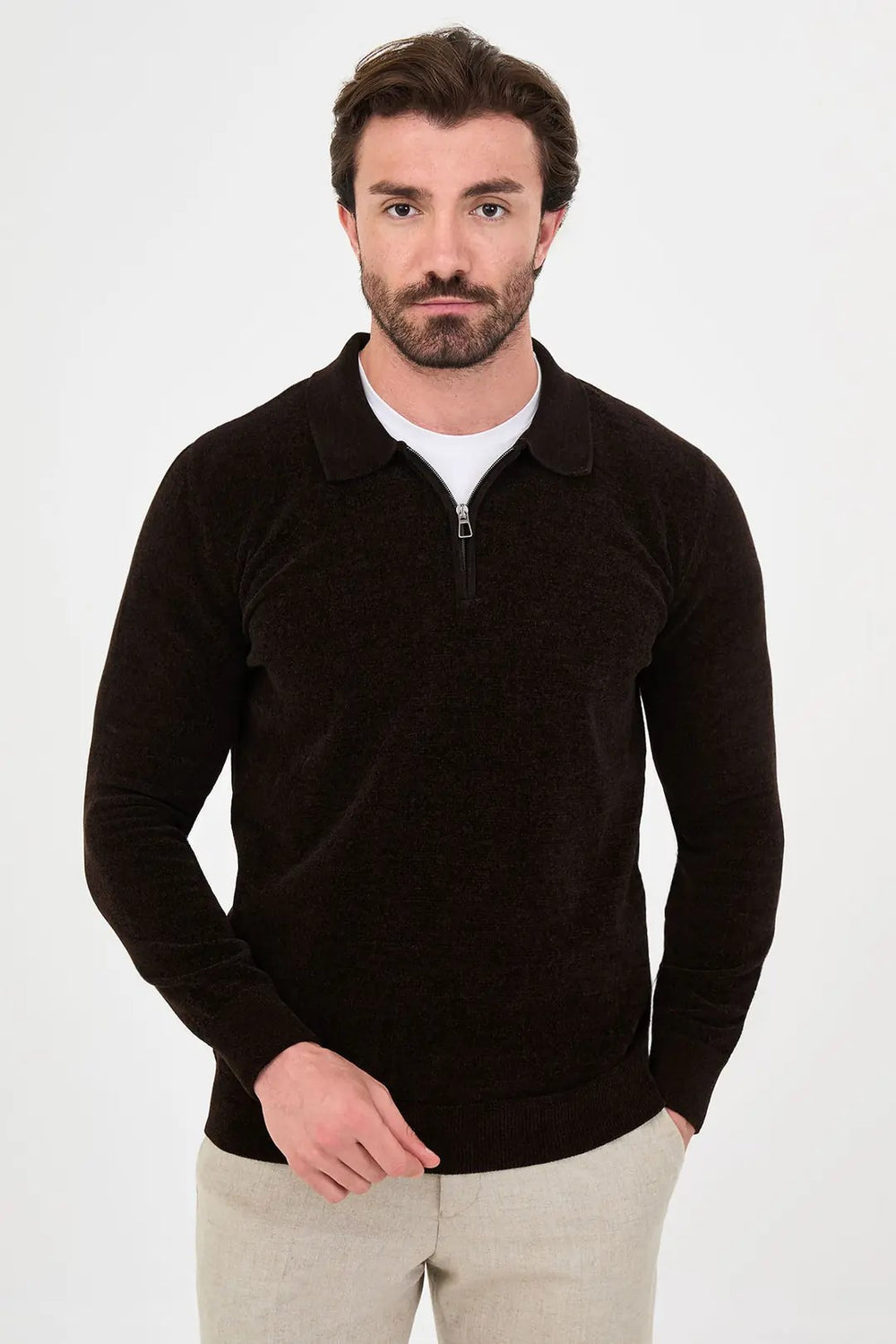 CENTİLMEN Düz Slim Fit Polo Yaka Fermuarlı Şönil Erkek Triko Kazak 11603