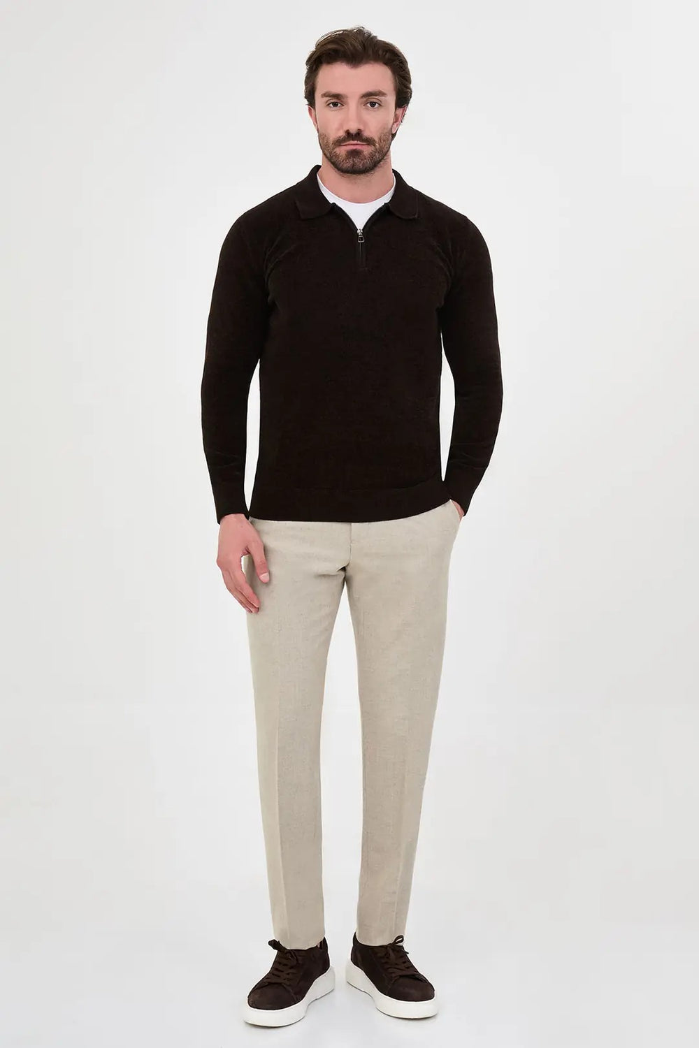 CENTİLMEN Düz Slim Fit Polo Yaka Fermuarlı Şönil Erkek Triko Kazak 11603